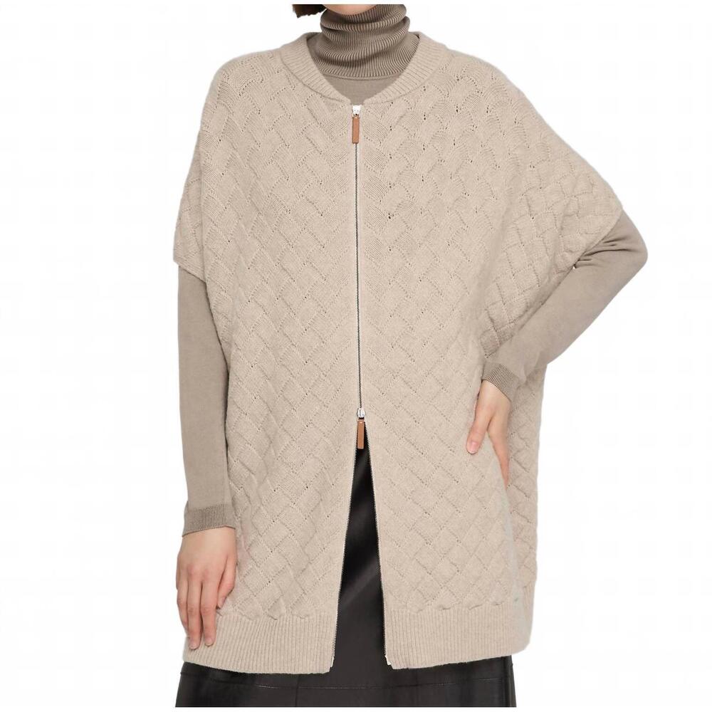 NEW LAFAYETTE 148 basket stitch zip front poncho in taupe melange
